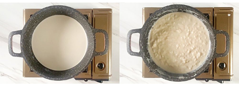 Visão do preparo do arroz doce sem lácteos e vegano na panela