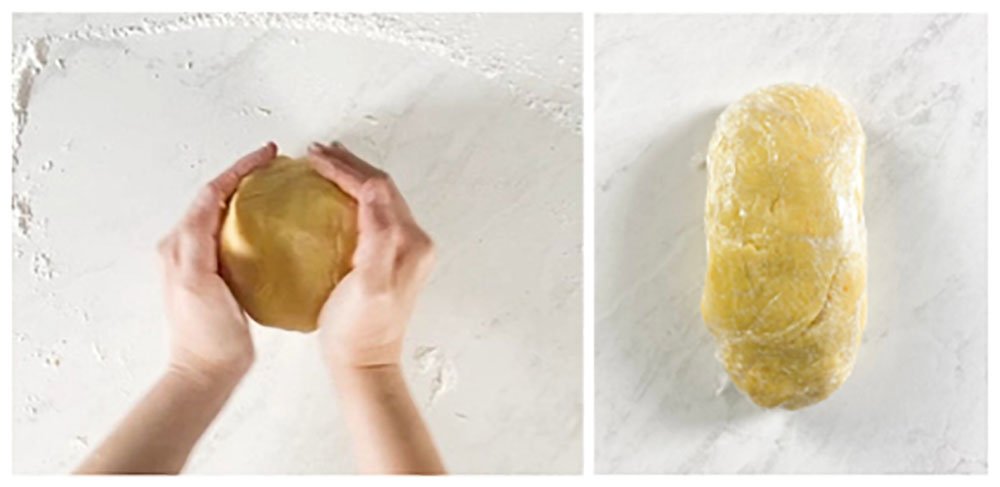 Visão dos passos seguintes para fazer os biscoitos de laranja sem glúten: sovar um pouco a massa e embalar em papel filme para ficar na geladeira 