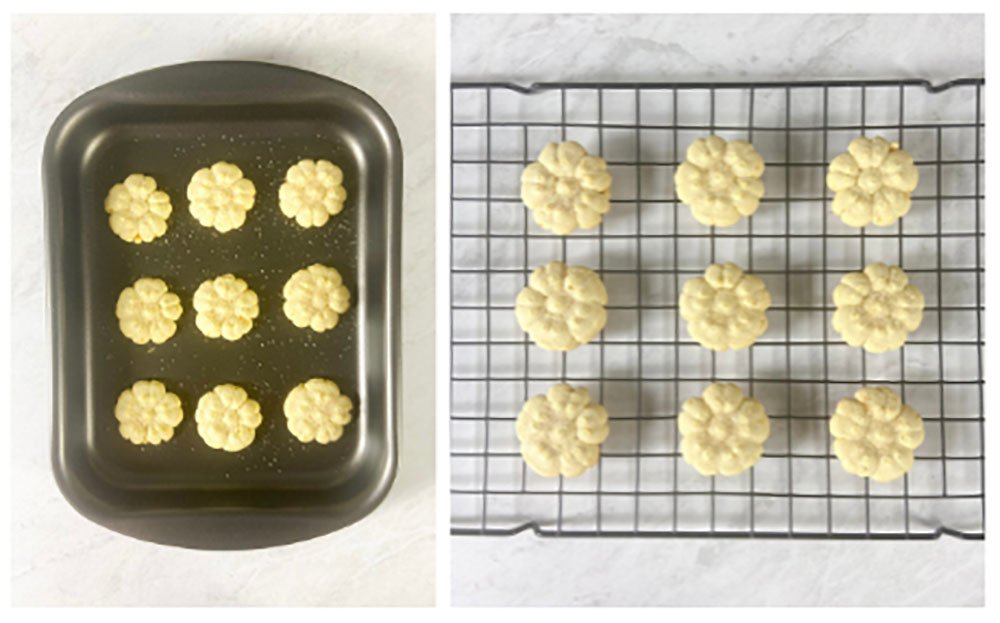 Visão dos biscoitos de laranja sem glúten já modelados na forma e depois de assados