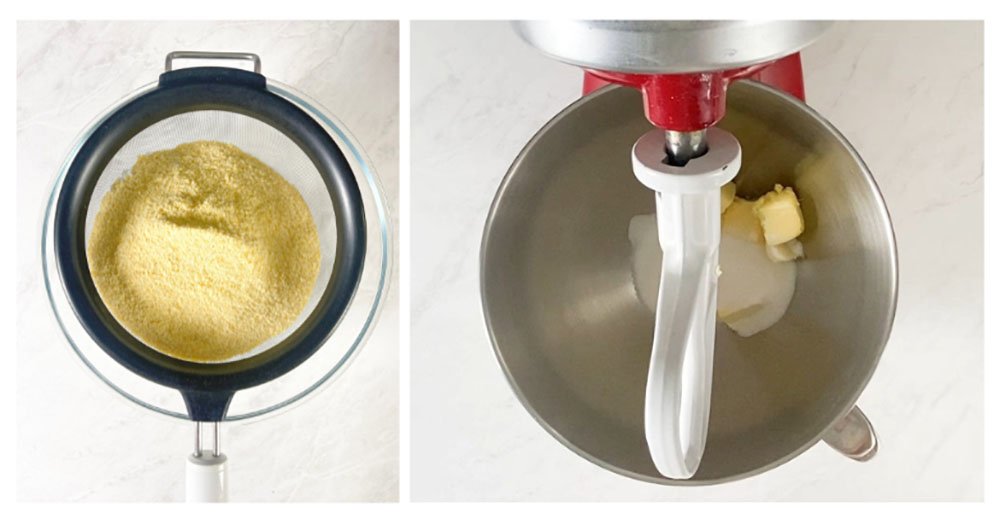 Visão dos primeiros passos para fazer o biscoito de laranja sem glúten: peneirar os ingredientes secos e bater na batedeira o açúcar com a manteiga