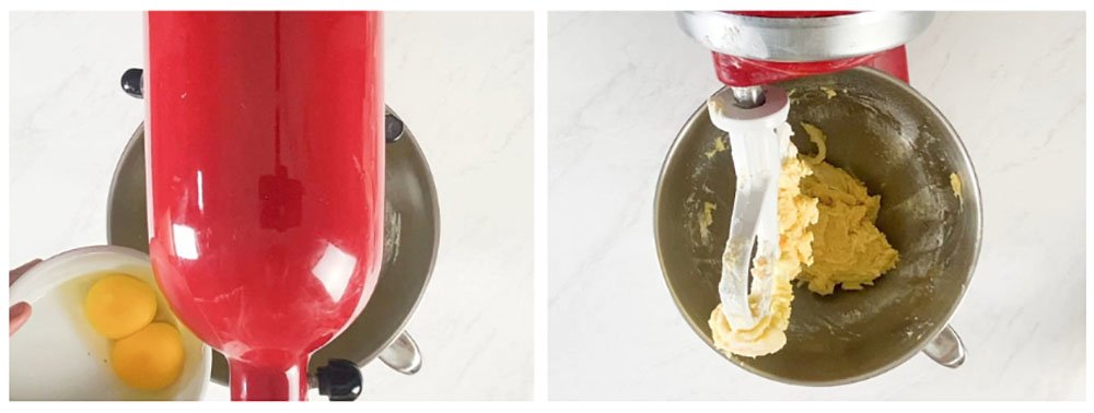 Visão dos passos seguintes para fazer biscoitos de laranja sem glúten: adicionar os ovos e o restante dos ingredientes