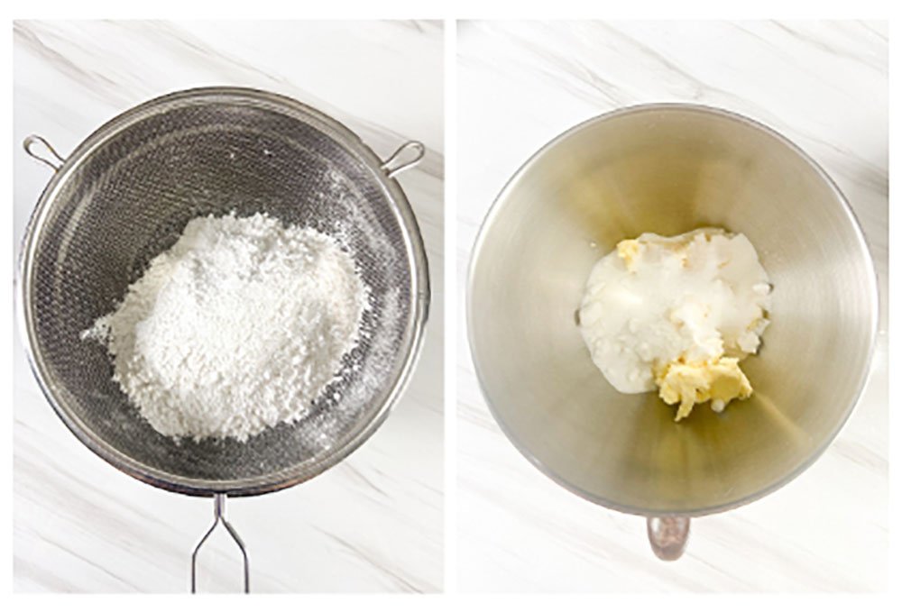 Visão dos passos de fazer o bolo de limão sem glúten, peneirar os ingredientes secos e misturar a manteiga e o açúcar na batedeira