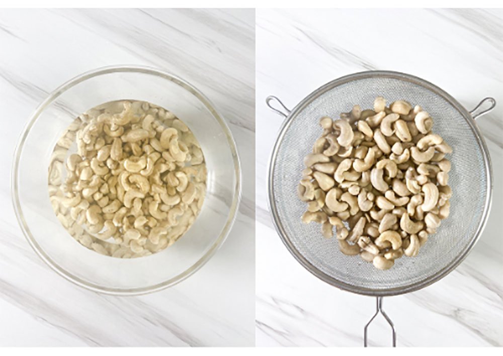 Visão dos passos para se fazer o creme de leite sem lácteos deixando as castanhas de caju de molho e depois lavando e escorrendo as castanhas