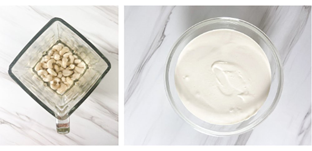 Visão mostrando as castanhas de caju serem batidas no liquidificador e o creme de leite sem lácteos já pronto