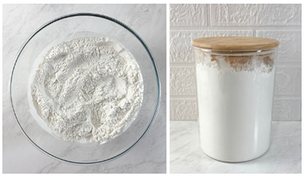 Visão do modo de preparo do mix de farinhas sem glúten e a farinha armazenada em um pote de vidro