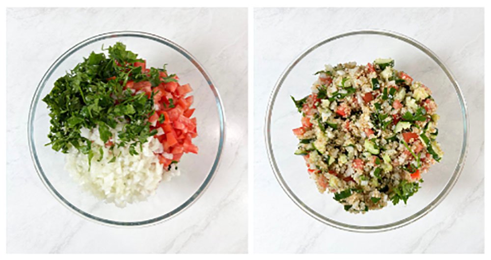 Visão dos passos para realizar a salada de Tabule de Quinoa misturando todos os ingredientes picados