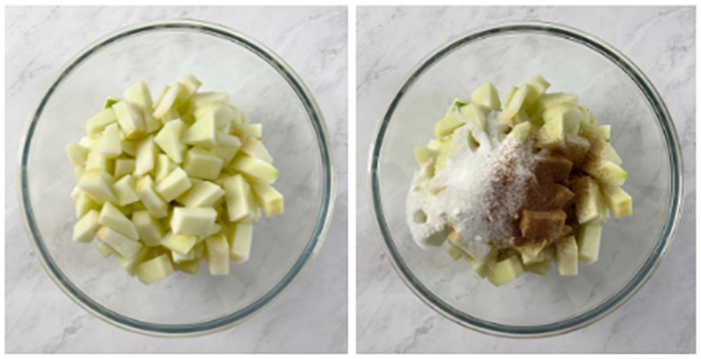 Visão do passo a passo do recheio do crumble de maçã sem glúten - misture a massa em uma tigela e depois acrescente o açúcar e a canela