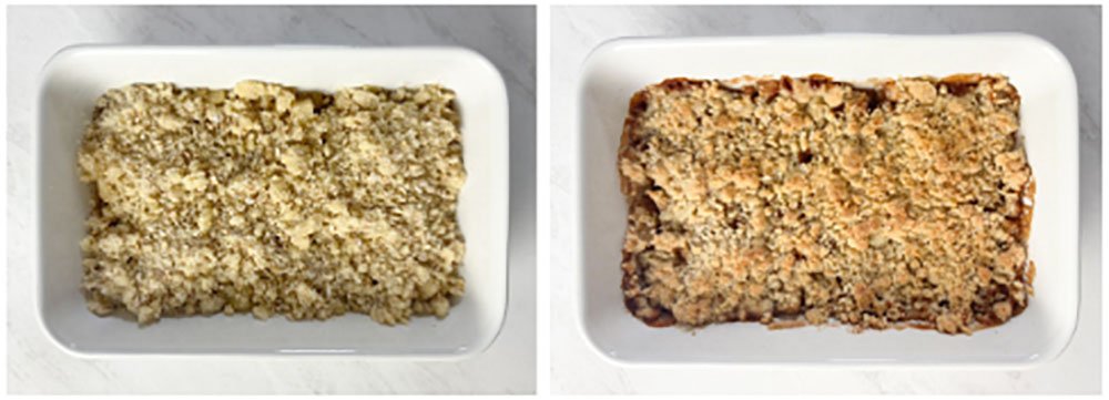 Visão frontal da montagem do crumble de maçã sem glúten e depois de assado