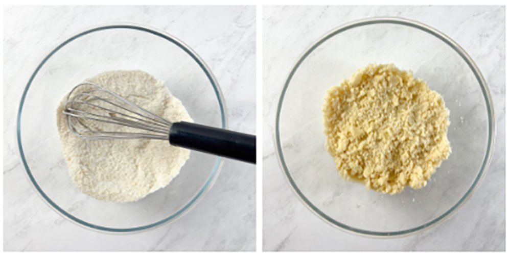 Visão frontal do passo a passo da farofa doce: misture os ingredientes secos e depois junte a manteiga em cubos e amasse até virar uma farofa