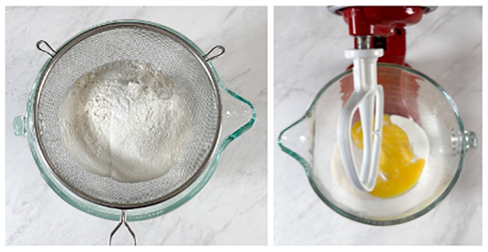 Visão do passo a passo para fazer o muffin de banana sem glúten: peneiras os ingredientes secos e depois acrescentar a manteiga derretida e fria