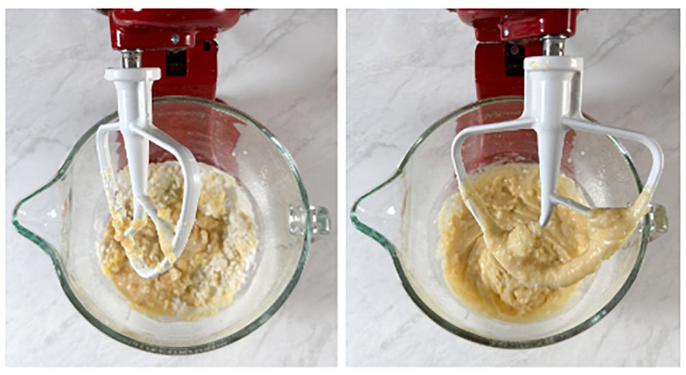 Visão frontal dos passos seguintes para fazer o muffin de banana sem gluten: misturar o restante dos ingredientes 