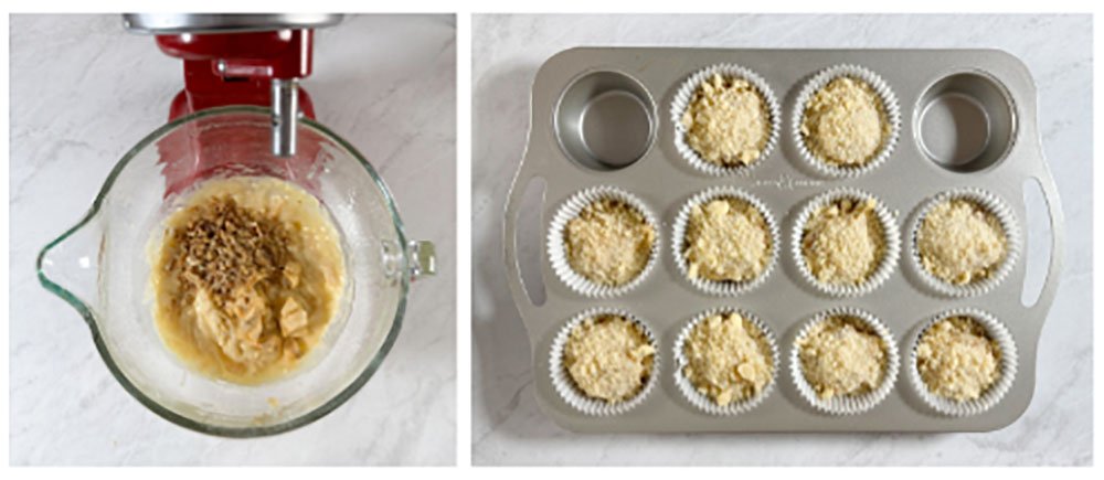 Visão frontal do passo a passo do muffin de banana sem glúten: acrescentar as bananas e nozes picadas, colocar a massa nas forminhas e depois polvilhar com a farofa doce