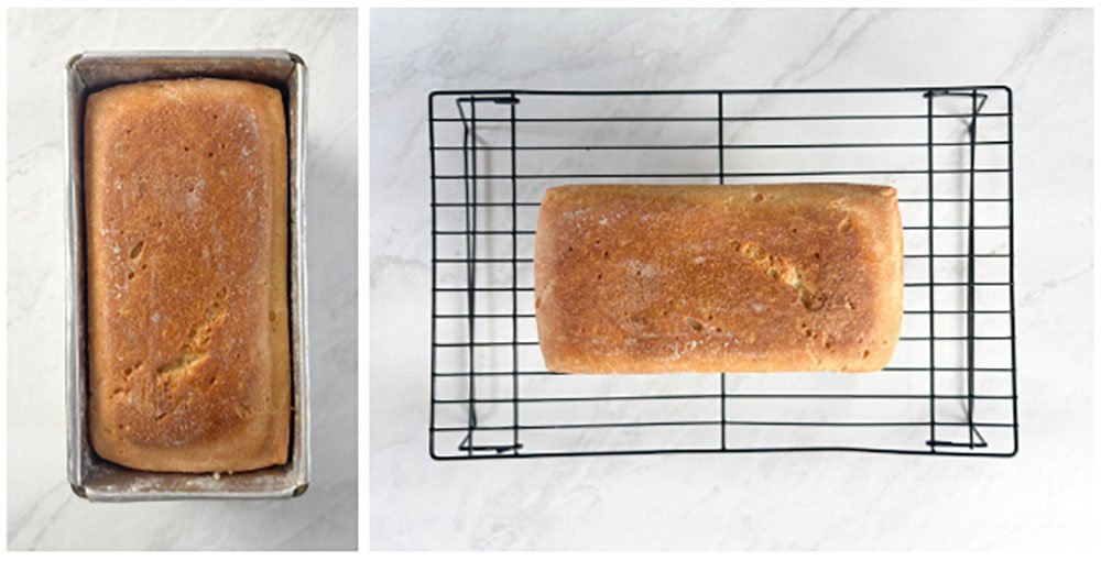 Visão do passo a passo do pão de forma sem glúten: asse o pão em forno pré aquecido por 30 minutos com tampa e 15 minutos sem tampa; desenforme quente e espere esfriar para cortar.