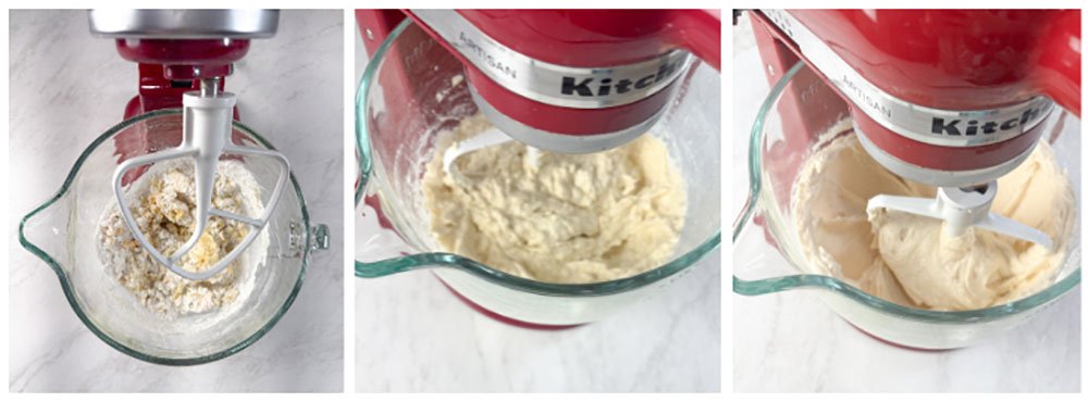 Visão do passo a passo para fazer o pão de forma sem glúten: misturar na batedeira com a raquete e ir adicionando a água aos poucos até formar uma massa espessa