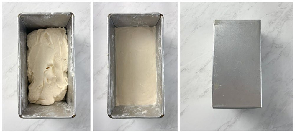 Visão do passo a passo do pão de forma sem glúten: coloque a massa na forma untada, nivele com uma colher molhada e deixe descansar na forma com tampa por 1 hora