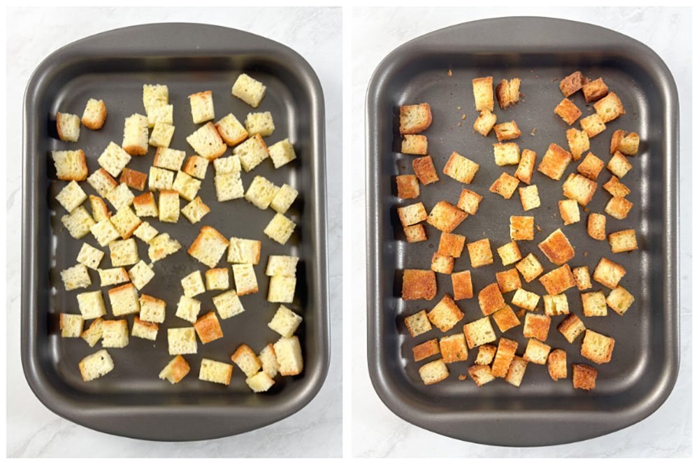 Visão do passo a passo para fazer os croutons sem glúten: colocar na assadeira e depois de assado