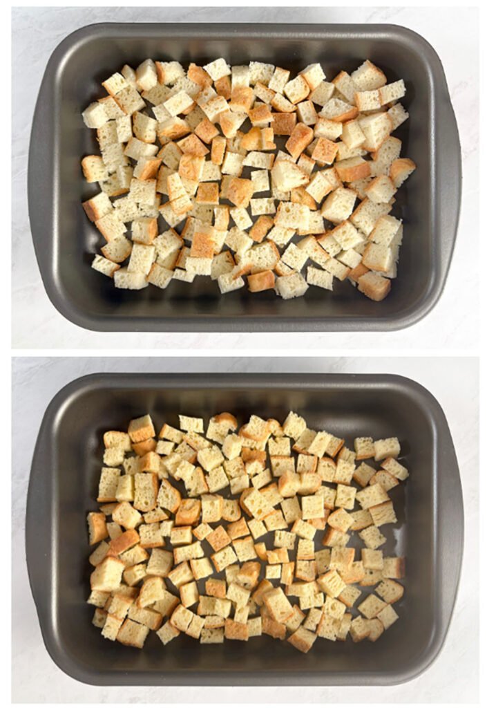 Visão do passo a passo para fazer a farinha de rosca sem glúten: colocar os pedaços de pão na assadeira e deixar secar no forno na menor temperatura 