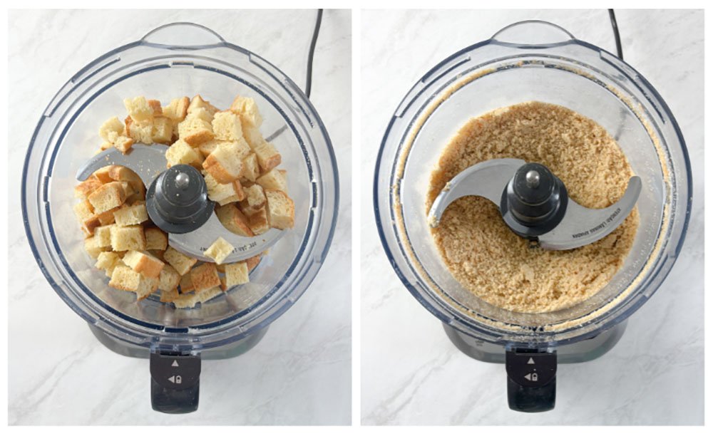 Visão do passo a passo de como fazer a farinha de rosca sem glúten: coloque os pedaços de pão já secos no processador e triture até ficar bem fino