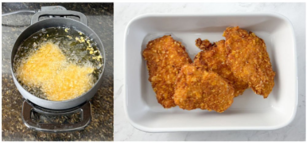 Visão da fritura do frango crocante sem glúten