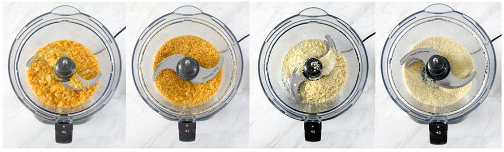 Visão do processamento do corn flakes e da farinha panko para empanar o frango