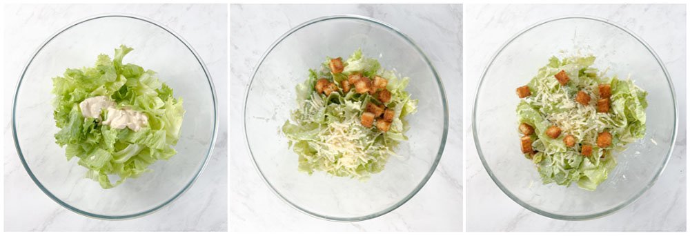 Visão da montagem da salada caesar sem glúten