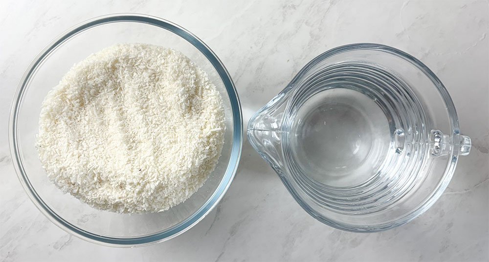 visão dos ingredientes para fazer o leite de coco com coco seco ralado