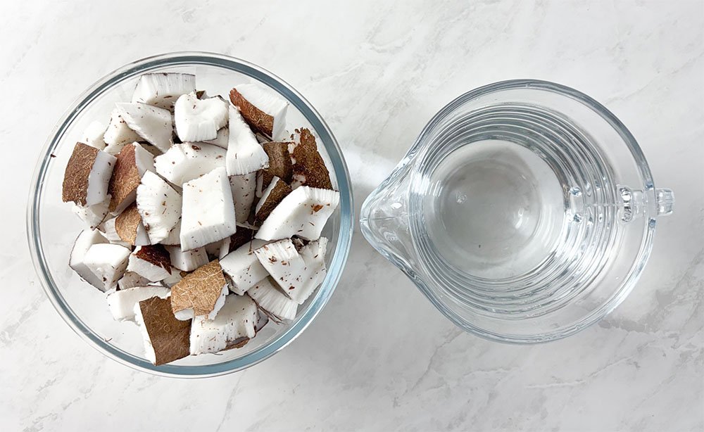 visão dos ingredientes para fazer o leite de coco com coco fresco