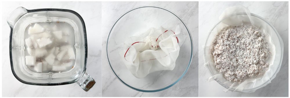 visão do passo a passo para fazer o leite de coco com coco fresco