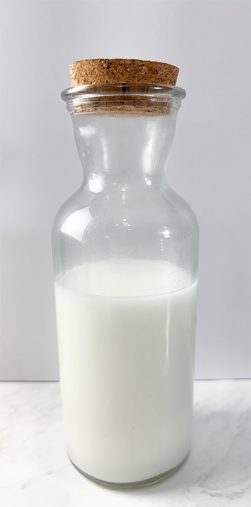 visão frontal do leite de coco feito com coco seco em flocos