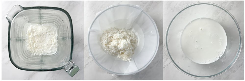 visão do passo a passo para fazer leite de coco com coco seco em flocos